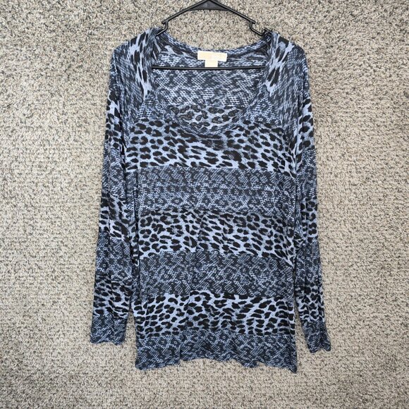 Michael Kors‎ Top Womens Plus 3X Blue Animal Print Long Sleeve Sheer Scoop Neck - Picture 1 of 7